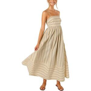 Women's Apricot Striped Back Smocked Spaghetti Strap Cut Out Maxi Dress
